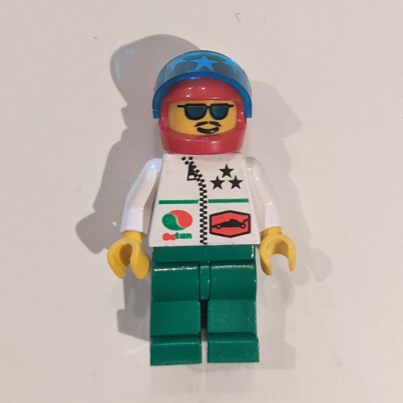 Lego Racer, White Jacket with Zipper, Red Helmet with Stars and Visor, Blue Sunglasses