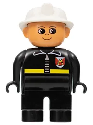 Duplo Figure, Male Fireman, Black Legs, Black Top with Fire Logo and Zipper, White Fire Helmet (75600)
