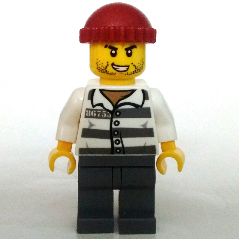 Lego Criminal, Prison Shirt with #86753, Dark Bluish Gray Legs, Dark Red Hat