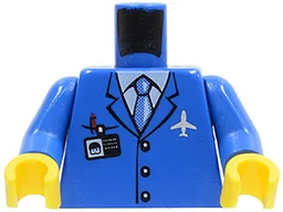 Torso Airplane Crew Male, Light Blue Tie, Red Pen, Silver Plane Logo, ID Badge, 3 Buttons Pattern / Blue Arms / Yellow Hands