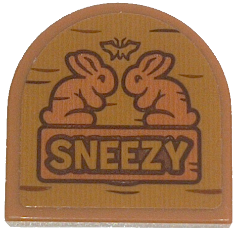 Lego Tile, Round 2 x 2 Half Circle Extended with Wood Grain and 'SNEEZY' Pattern (Sticker) - Set 43242