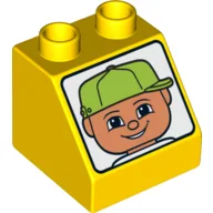Duplo Brick 2 x 2 Slope 45° with Male Light Nougat Face with Lime Baseball Cap Print / Yellow