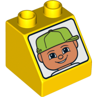 Lego Duplo Brick 2 x 2 Slope 45° with Male Light Nougat Face with Lime Baseball Cap Print / Yellow