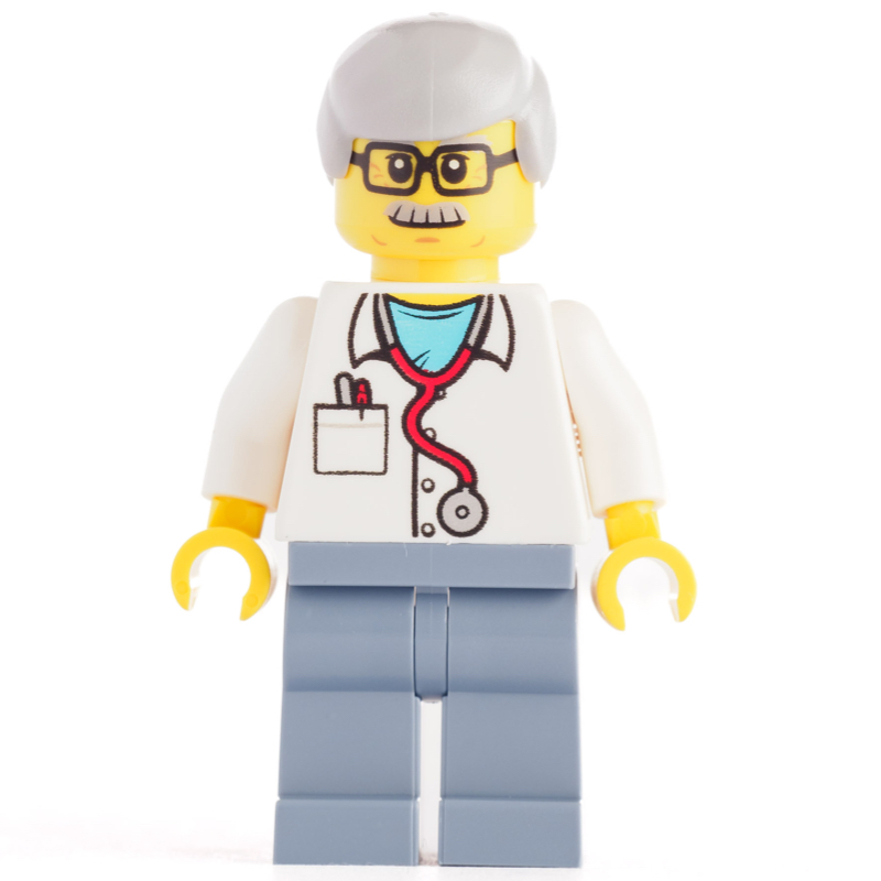 Lego White Torso Lab Coat, Sand Blue Legs, Light Bluish Grey Legs