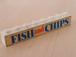 Brick 1 x 8 with Blue and Red 'FISH and CHIPS' Text Pattern (Sticker) - Set 1592-1