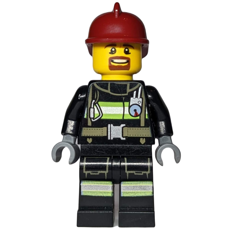 Lego Firefighter, Black Fire Jacket with Straps and Gauge, Dark Red Helmet, Goatee Beard