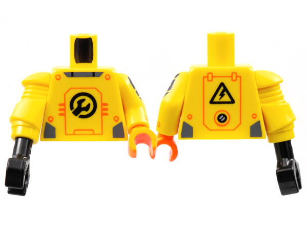 Lego Torso Armor Black Wrench, Orange Panel Lines Pattern / Yellow Arm Left with Black 'S' Pattern and Orange Hand / Yellow Mech Arm and Black Claw Right