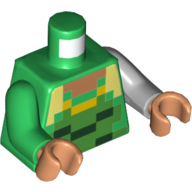 Lego Torso, Odd Arms, Dark Green, Yellow, and Nougat Pixelated print, Left Light Bluish Gray Arm, Right Green Arm, Nougat Hands / Green