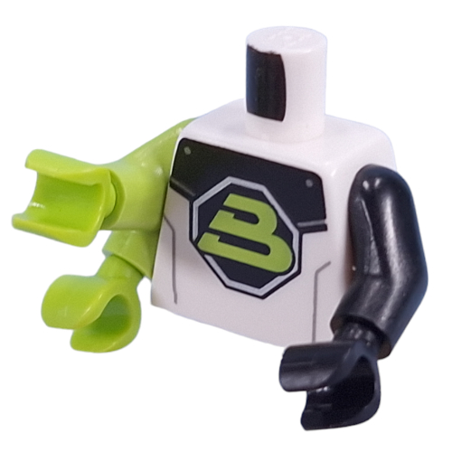 Lego Torso, Left Black Arm and Hand, Right Lime Double Arm and Hands with Black/White Space Suit, Blacktron II Logo print / White