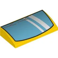 Brick Curved 2 x 4 x 2/3 No Studs with Medium Blue Windscreen, Silver Wipers Print / Yellow