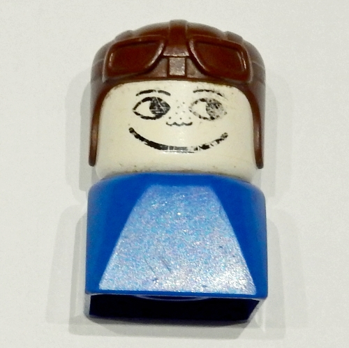 Lego Duplo 2 x 2 x 2 Figure Brick Early, Aviator Hat Brown, Looking Left Print / Blue