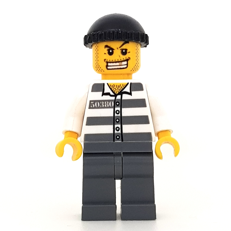 Lego Criminal, Prison Shirt with #50380, Dark Bluish Gray Legs, Black Hat, Gold Tooth