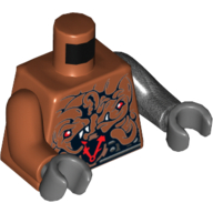 Lego Torso, Odd Arms, Gear Clock with Red Hands, Snake Heads, and Silver Belt Print, Left Pearl Titanium Arm, Right Dark Orange Arm, Dark Bluish Gray Hands / Dark Orange