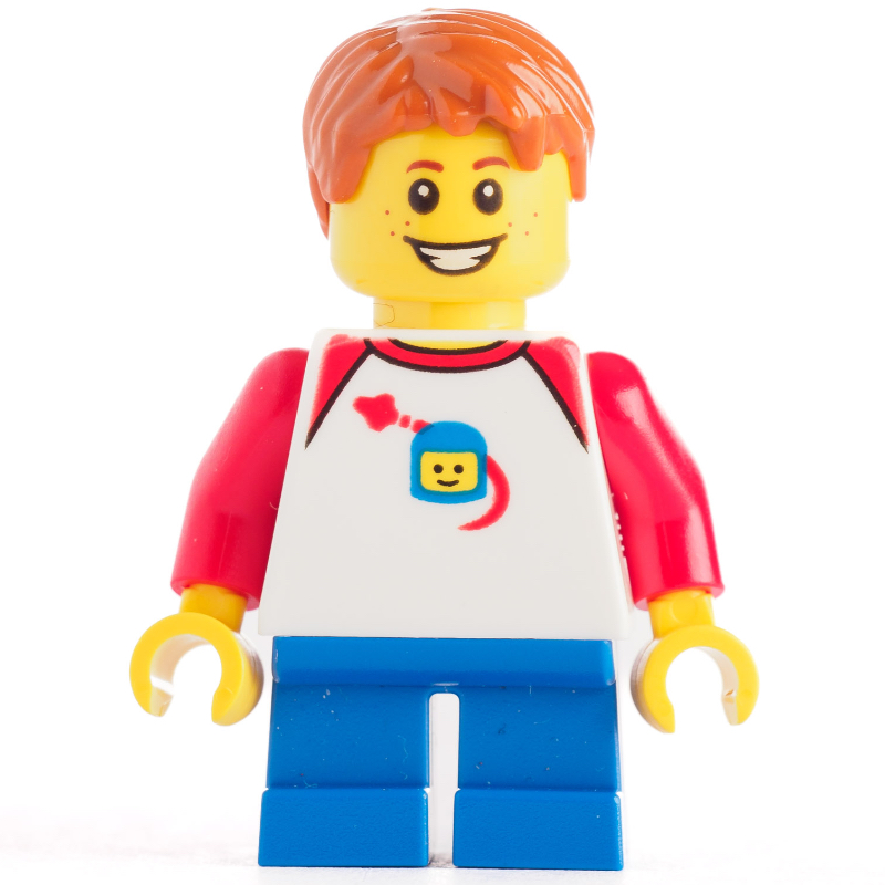 Lego Kid - White Torso, Dark Blue Legs, Dark Orange Hair