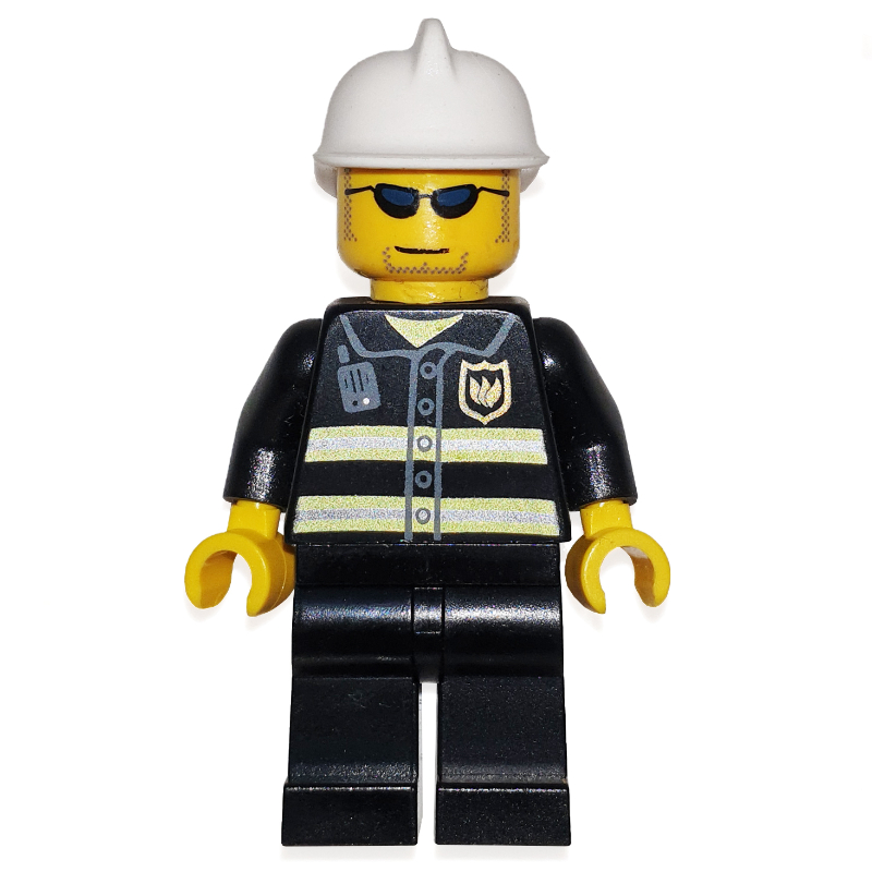 Lego Fireman, Black Fire Jacket with Reflective Stripes, Radio, and Badge, White Helmet, Sunglasses