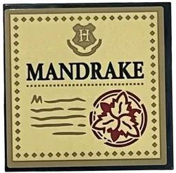 Tile 4 x 4 with Black 'MANDRAKE', Dark Red Plant, Dark Tan Hogwarts Crest, Writing and Border on Tan Background Pattern (Sticker) - Set 76433