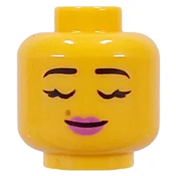Minifig Head Black Eyebrows, Eyelashes, Dark Pink Lips, Beauty Marks, Smirk / Closed Eyes / Yellow