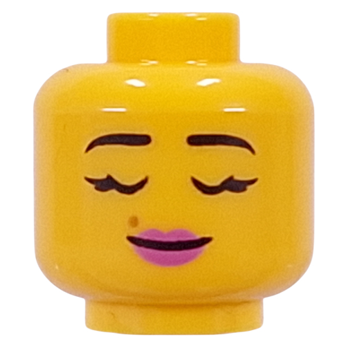 Lego Minifig Head Black Eyebrows, Eyelashes, Dark Pink Lips, Beauty Marks, Smirk / Closed Eyes / Yellow
