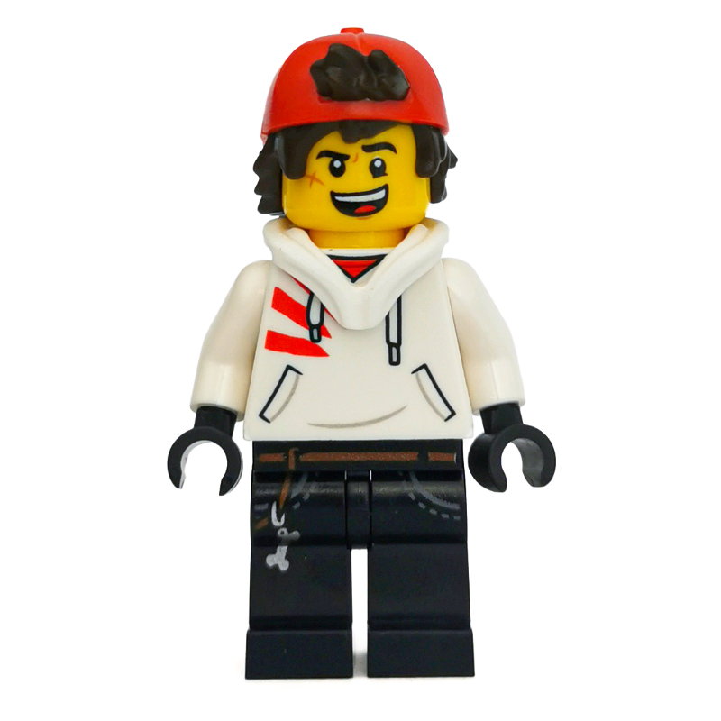 Lego Jack Davids, White Hoodie with Downed Hood and Red Backwards Cap, Scared / Open Mouth