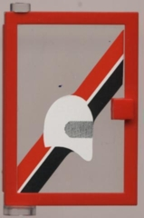 Lego Door 1 x 4 x 5 Left with Trans-Clear Glass and Red & Black diagonal Stripe and White Helmet Pattern (Sticker) - Set 6373