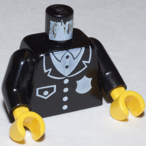 Lego Torso Jacket, Police Uniform with White Badge and Pocket Print, Black Arms, Yellow Hands / Black