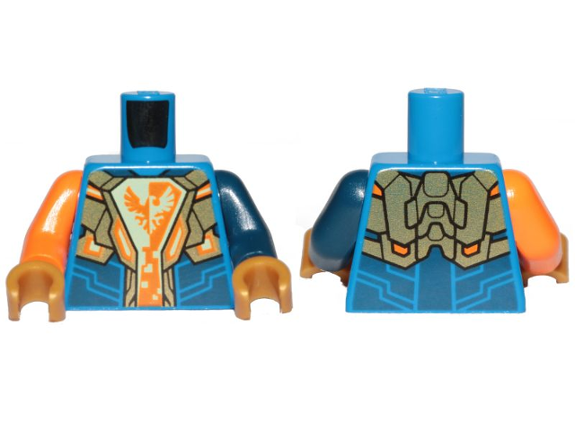 Lego Torso Nexo Knights Armor, White and Orange Emblem with Falcon Pattern / Dark Blue Arm Left / Orange Arm Right / Pearl Gold Hands