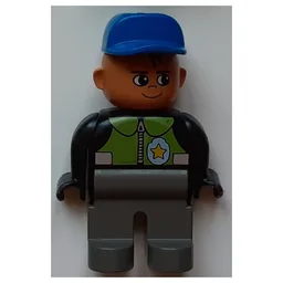 Duplo Figure, Early, Cap Blue, Dark Gray Legs, Lime Vest and Police Badge Print / Black