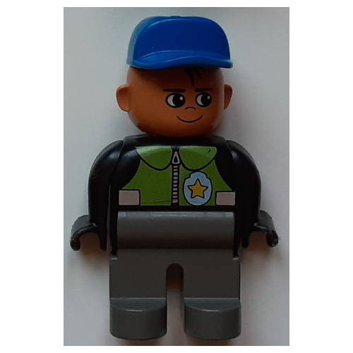 Lego Duplo Figure, Early, Cap Blue, Dark Gray Legs, Lime Vest and Police Badge Print / Black