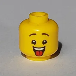 Minifig Head, High Eyebrows with Open Mouth / Red Tongue Sticking Out Print / Yellow