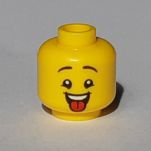 Lego Minifig Head, High Eyebrows with Open Mouth / Red Tongue Sticking Out Print / Yellow