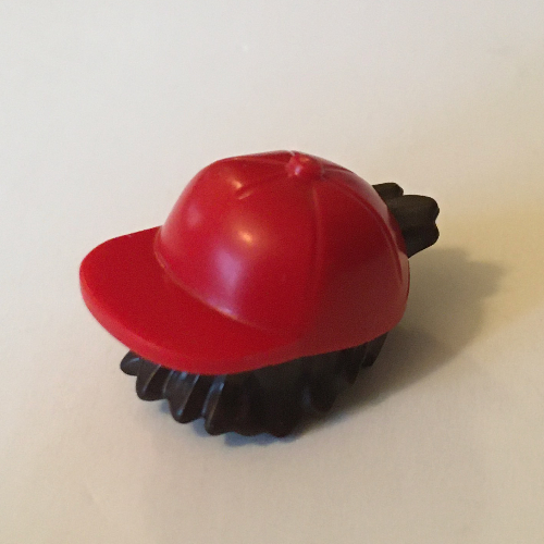 Lego Hair and Hat, Backwards Cap, Dark Brown Hair Pattern / Red
