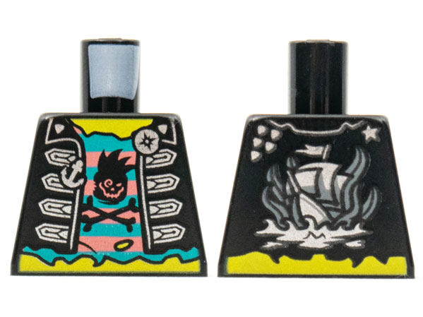 Lego Torso Vest, Silver Clasps, Anchor and Compass Buttons, Shirt Coral and Dark Turquoise Stripes with Black Skull and Crossbones, Pirate Ship on Back Pattern