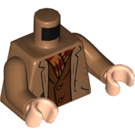 Lego Torso Jacket, Open over Reddish Brown Vest and Dark Red and Dark Orange Striped Scarf Print, Medium Nougat Arms, Light Nougat Hands / Medium Nougat