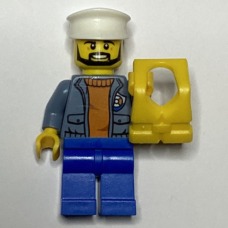 Lego Coast Guard, Open Sand Blue Jacket with Badge over Orange Sweater, White Hat, Yellow Life Vest, Beard