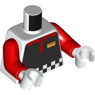 Lego Torso, Black Racing Suit, Black/White Checkered, Red Collar print, Red Arms, White Hands / White