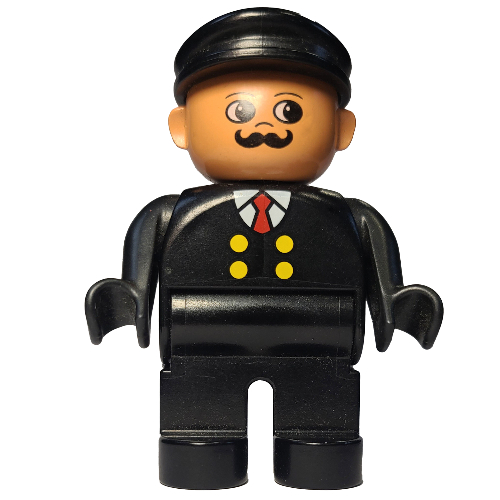 Lego Duplo Figure, Early, with Flat Cap Black, Black Legs, Four Yellow Buttons and Red Tie Print / Black