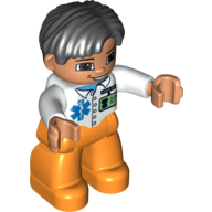 Lego Duplo Figure Side Parted Hair Black, with Orange Legs, with ID Badge and EMT Star of Life Print, Brown Eyes (Medic) / White