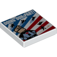 Lego Tile 2 x 2 with Red White Blue Stripes and 'DOING OUR PART!' Superheroes print / White