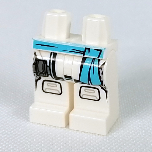 Lego Hips and White Legs with Medium Azure Sash Belt, Dark Bluish Gray Strap, Knee Pad print / White