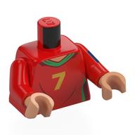Lego Torso, Football Shirt, Green Collar, Gold '7', 'RONALDO', Dark Blue Band on Arm print, Red Arms, Nougat Hands / Red