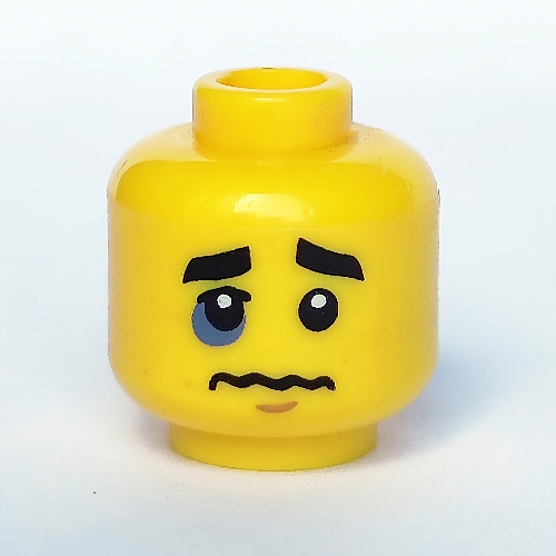 Lego Minifig Head Boxer, Eyebrows, White Pupils, Open Smile with Gold Upper Row Teeth / Black Eye, Crooked Lips and Sad Look Print / Yellow