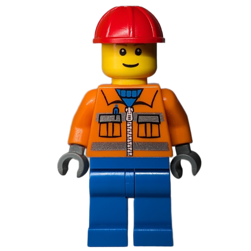 Lego Construction Worker, Orange Jacket with Zipper and Reflective Stripes, Blue Legs, Red Hard Hat