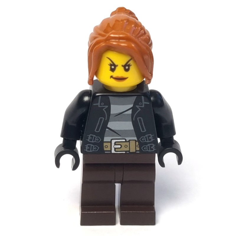 Lego Criminal, Woman, Open Black Jacket over Prison Shirt, Dark Brown Legs, Dark Orange Hair