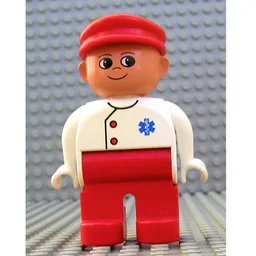 Duplo Figure, Early, with Flat Cap Red, Red Legs, Two Red Buttons and Blue EMT Star of Life Print / White