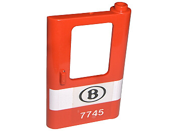 Lego Door 1 x 4 x 5 Train Right, Thin Support at Bottom with White Stripe and 'B 7745' Pattern (Sticker) - Set 7745