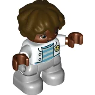 Duplo Figure Child with Short Wavy Hair Brown, Light Bluish Gray Legs, Jacket over Striped Shirt Print / White