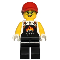 Chef, Black Apron with Flaming Burger, Black Legs, Red Cap, Glasses