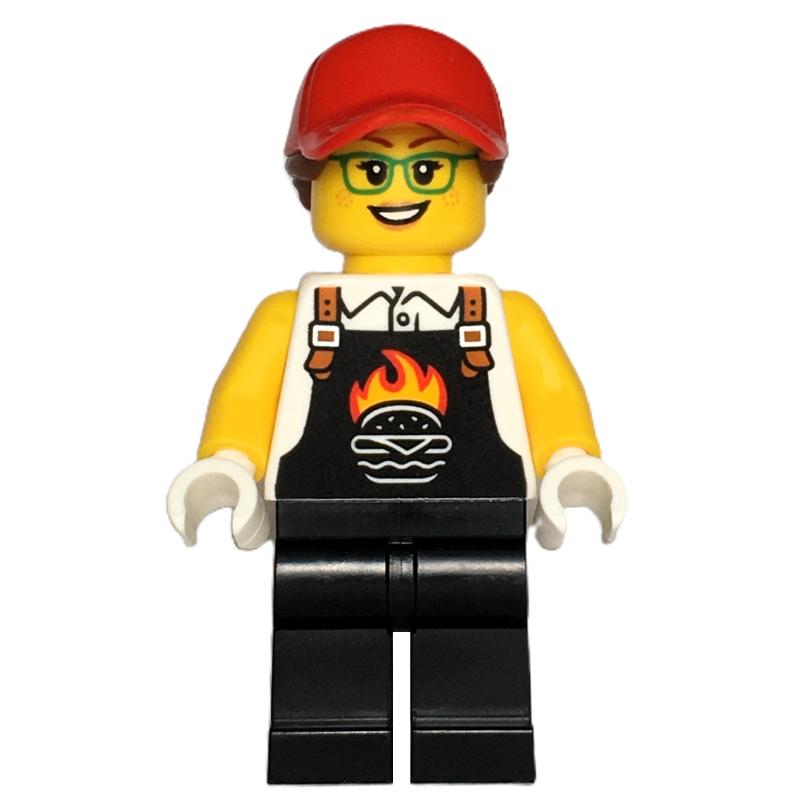 Lego Chef, Black Apron with Flaming Burger, Black Legs, Red Cap, Glasses