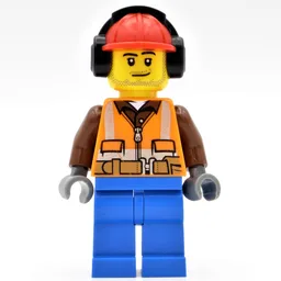 Construction Worker, Orange Safety Vest with Zipper over Reddish Brown Shirt, Blue Legs, Red Hard Hat with Ear Defenders, Stubble