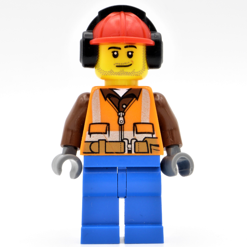 Lego Construction Worker, Orange Safety Vest with Zipper over Reddish Brown Shirt, Blue Legs, Red Hard Hat with Ear Defenders, Stubble